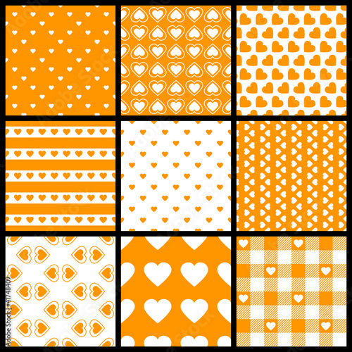 9 Different Seamless Pattern Hearts Orange/White