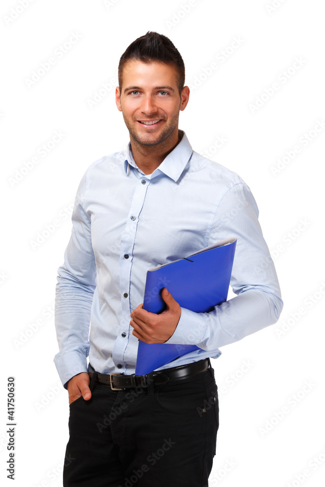 portrait of a happy businessman with blue folder portrait of a happy businessman with blue folder