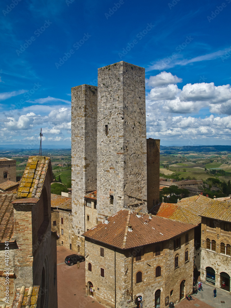 Twin towers in a medieval city, tuscany, italy