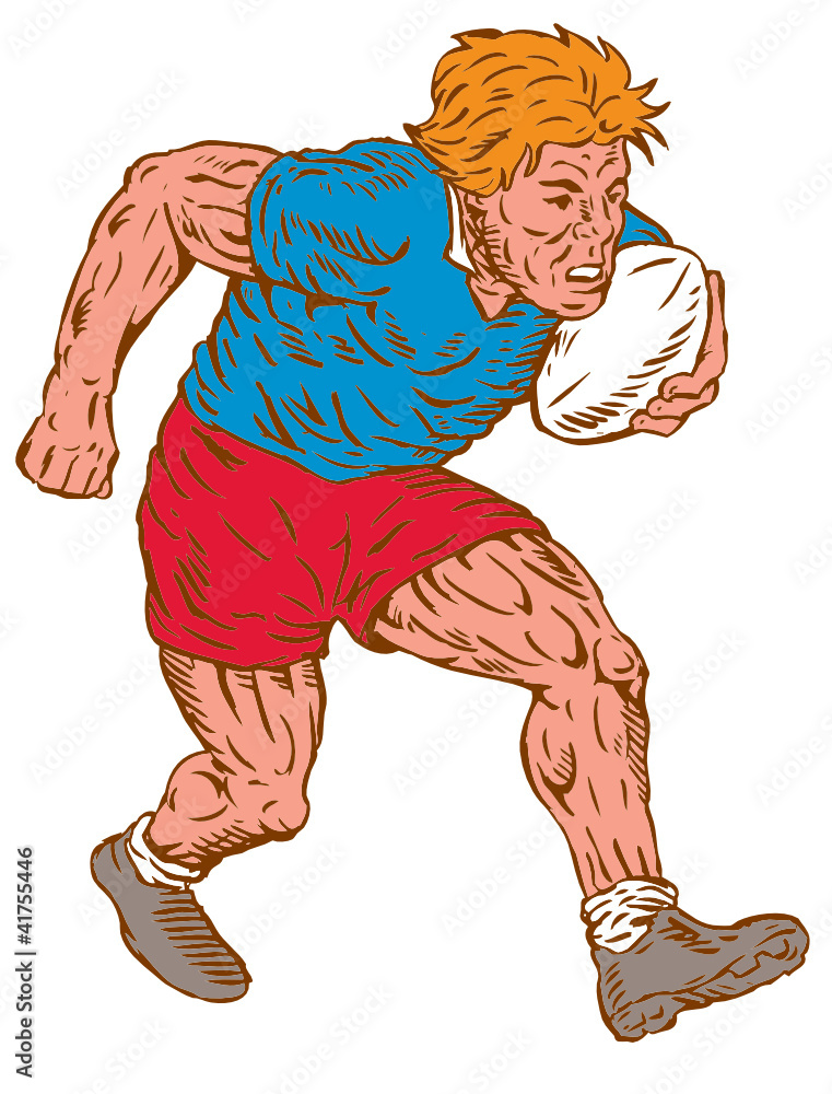 Rugby Player Running With Ball Woodcut