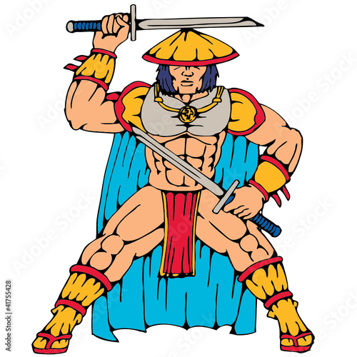 samurai warrior standing front with swords