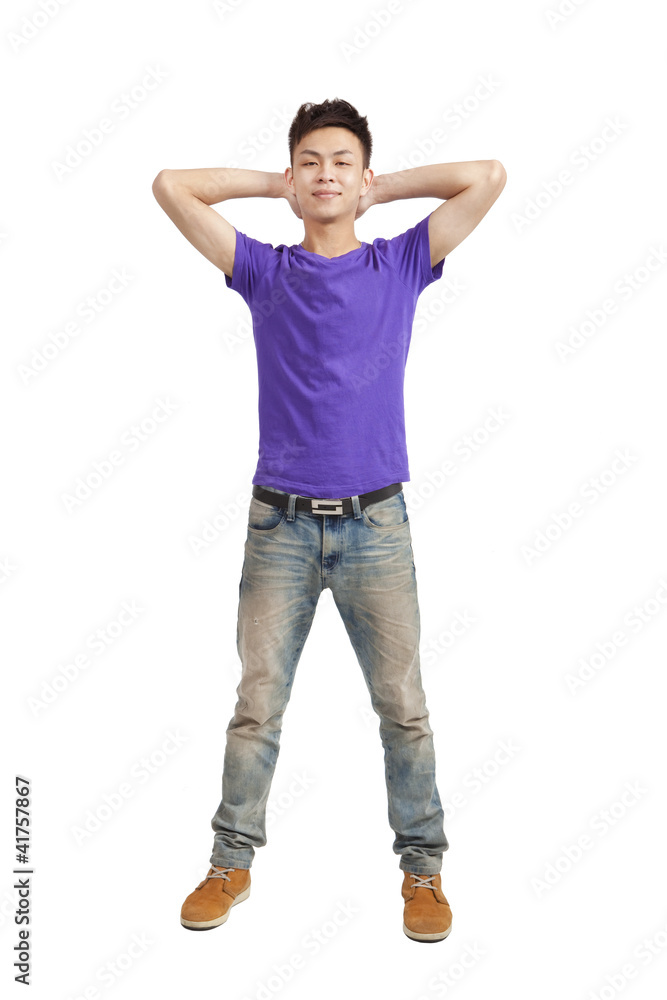 Full length of stylish young man with purple t-shirt Full length of stylish young man with purple t-shirt