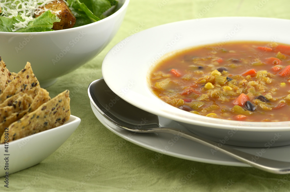 Black bean and corn soup with salad and crispy crackers Black bean and corn soup with salad and crispy crackers