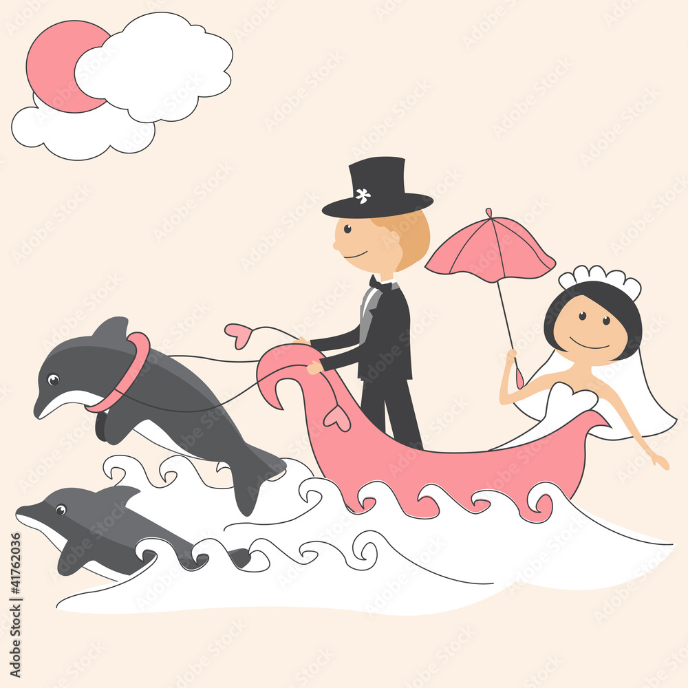 Wedding invitation with funny bride and groom in a boat Stock Vector |  Adobe Stock