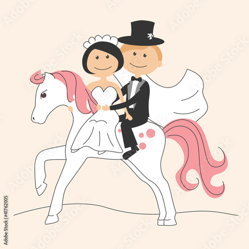 Wedding invitation with funny bride and groom on a  horse