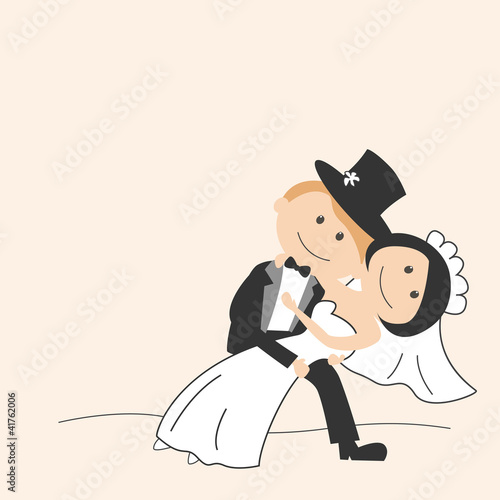Wedding invitation with dancing funny bride and groom