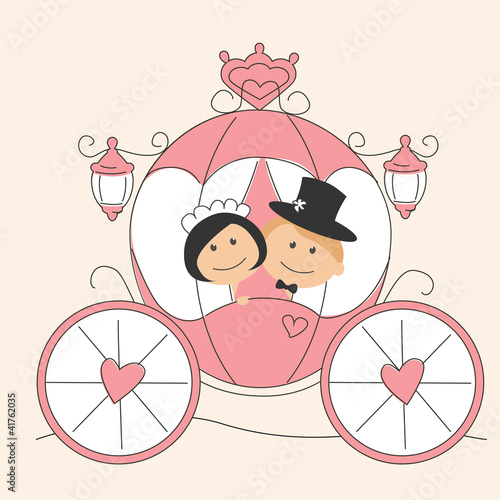 Wedding invitation with funny bride and groom in the carriage