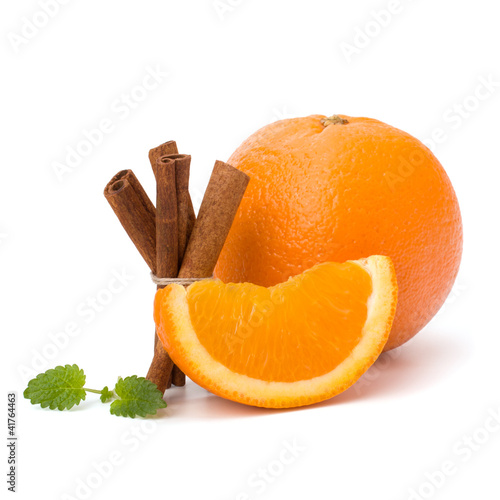 Orange fruit segment, cinnamon sticks and mint. Hot drinks ingre photo