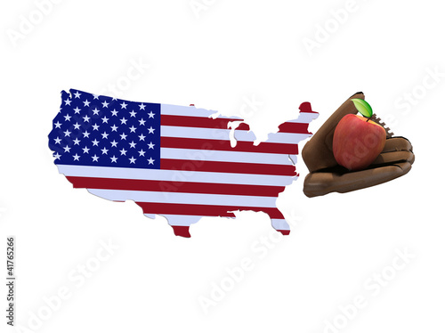 Obraz na plátně american map with flag, baseball tools and apple