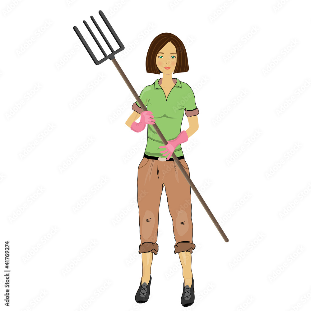 Woman farmer with a pitchfork in his hand Woman farmer with a pitchfork in his hand
