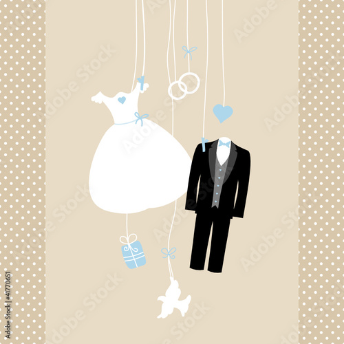 Hanging Wedding Symbols Blue Beige Background Dots