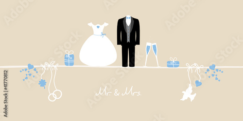 Card Wedding Symbols Mr. & Mrs. Blue Beige Background