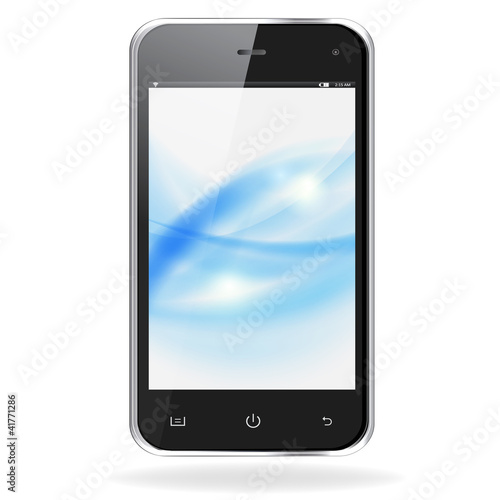 Realistic mobile phone with blue waves on screen isolated on whi