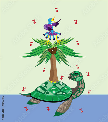 Turtle, palm tree and bird.