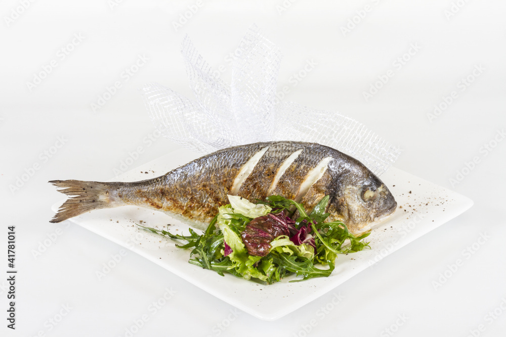 Dorada fish with salad on the white plate. Studio shot Dorada fish with salad on the white plate. Studio shot