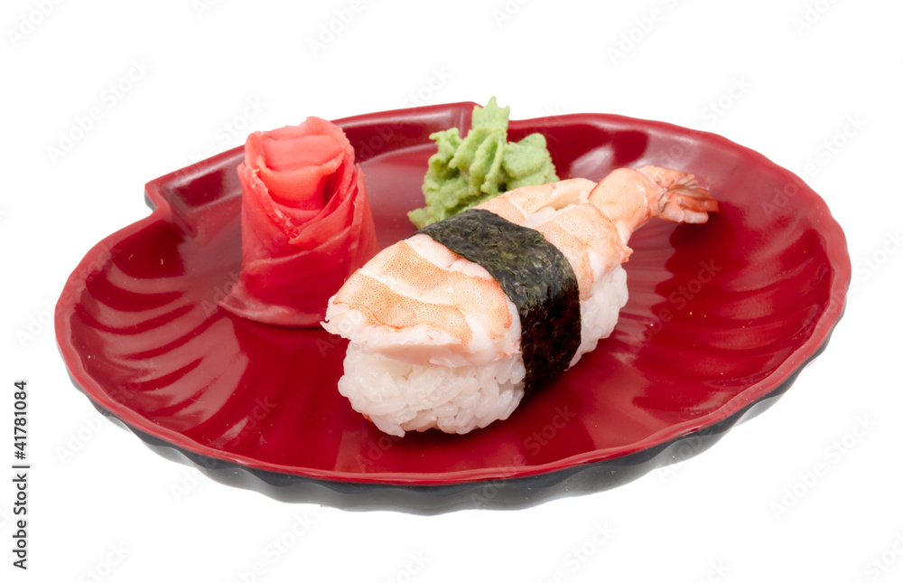Shrimp sushi closeup isolated on white background