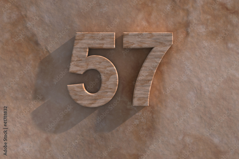 The number 57 carved from marble on marble base The number 57 carved from marble on marble base