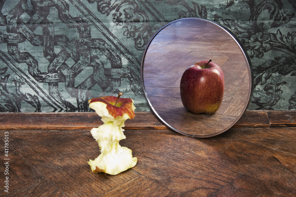 surrealistic picture of an apple reflecting in the mirror - obrazy, fototapety, plakaty 