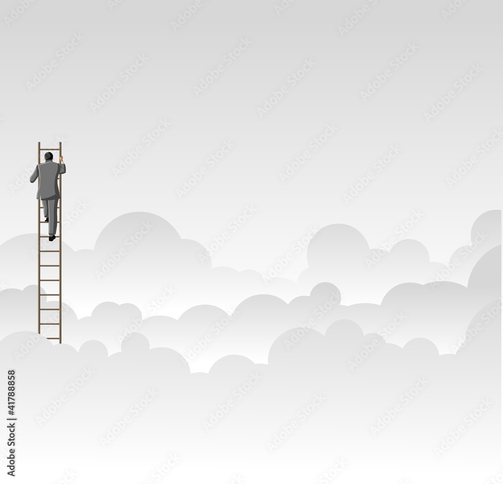 Business man climbing high ladder above the clouds Business man climbing high ladder above the clouds