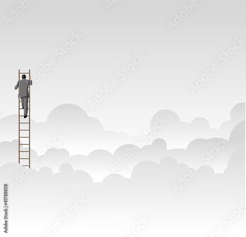 Business man climbing high ladder above the clouds