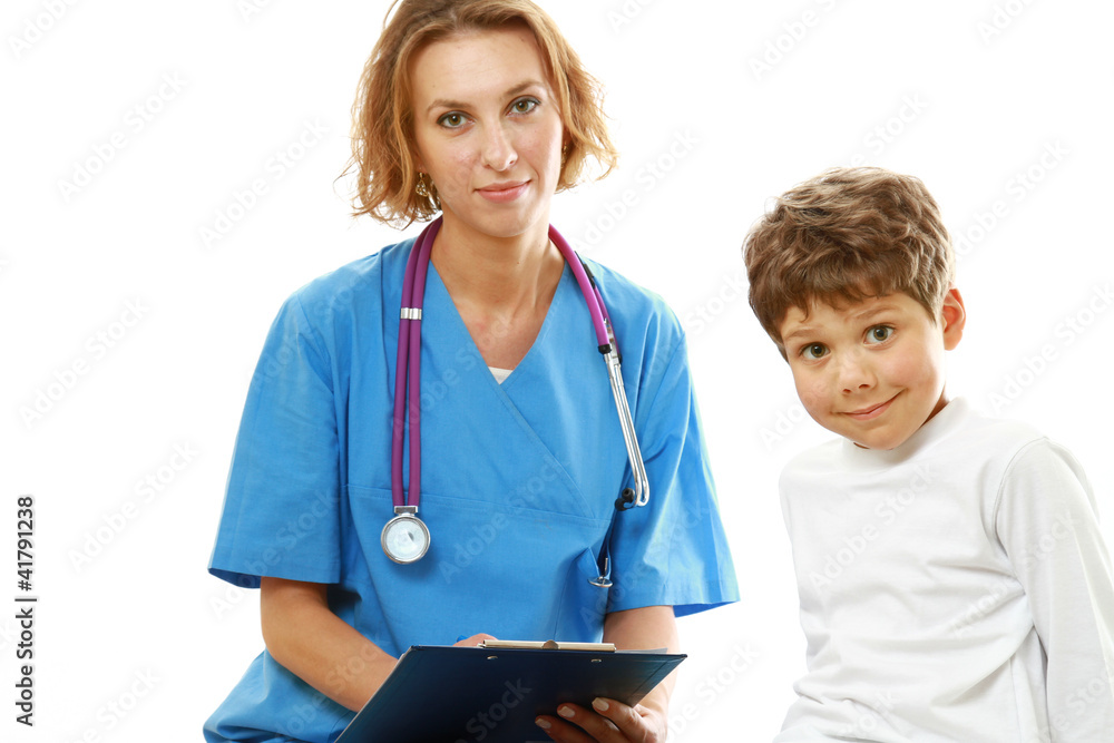 The boy and the doctor together. Isolated on white background The boy and the doctor together. Isolated on white background