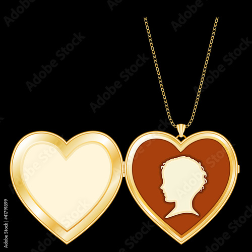 Gold Heart Locket, Chain Necklace, Vintage Child Cameo, EPS8.