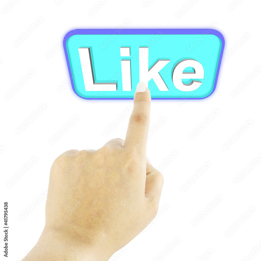 Hand pushing like button on white background Hand pushing like button on white background