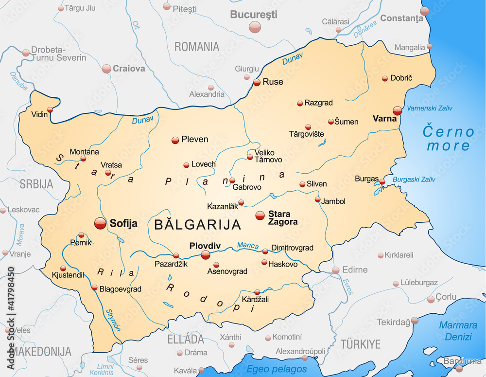 Map of Bulgaria with capitals and neighboring countries