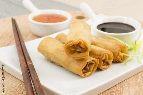 Tablou pe pânză Spring Rolls - Fried duck spring rolls, soy & sweet chili sauce