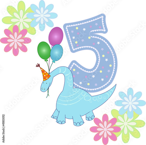 Number five with a dinosaur and flowers