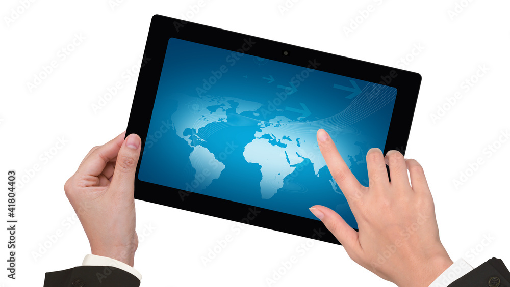 Hand holding a touchpad pc with white screen Hand holding a touchpad pc with white screen