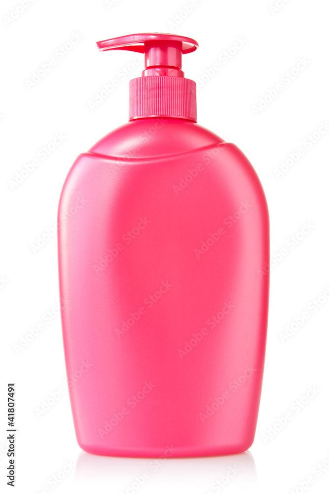 Red plastic bottle with liquid soap Red plastic bottle with liquid soap