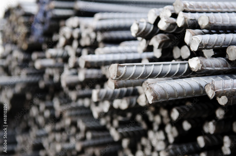 Steel rods or bars used to reinforce concrete, closeup