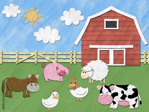Fotografie Farm animals stand in front of barnyard on sunny day