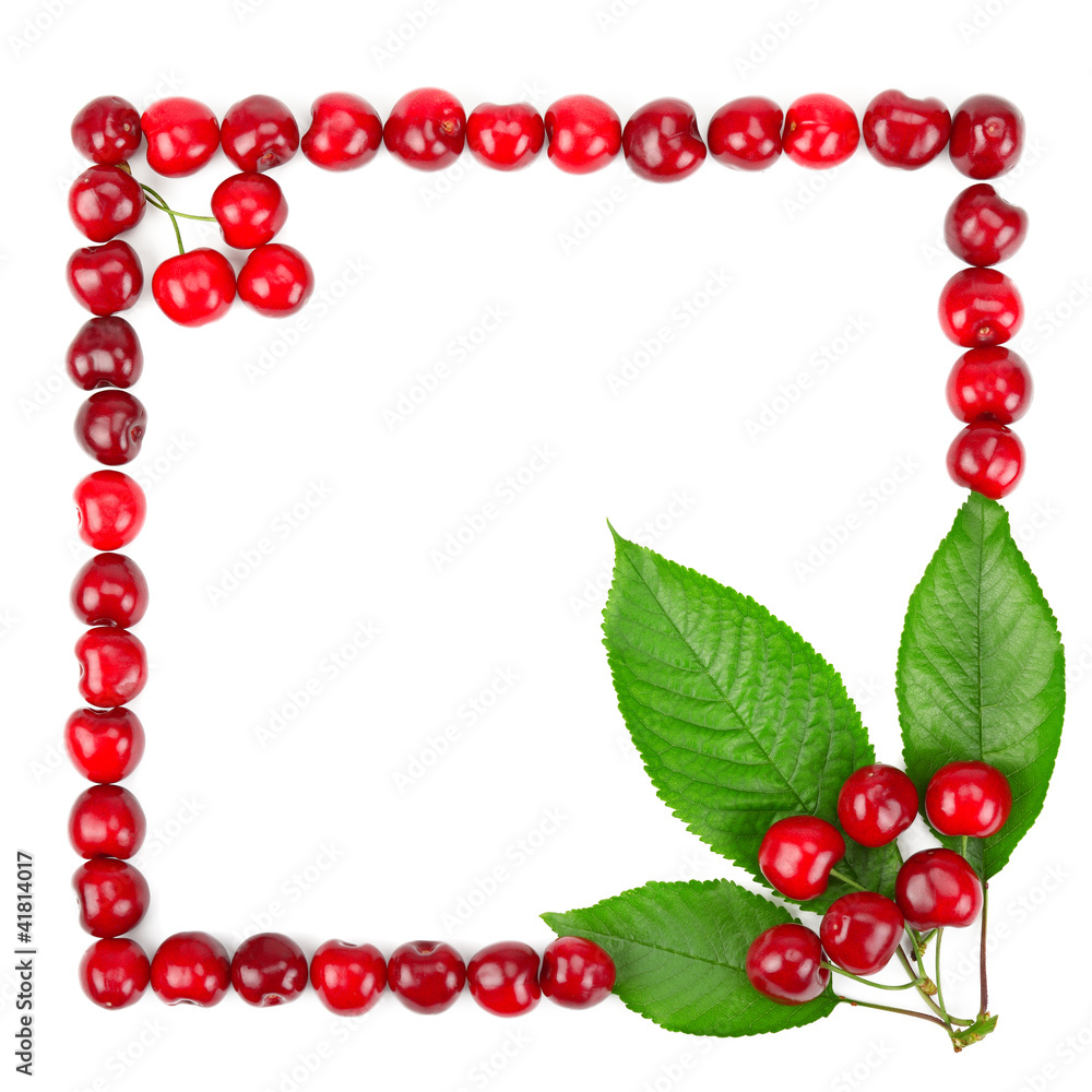 frame made of cherries and green leaves frame made of cherries and green leaves