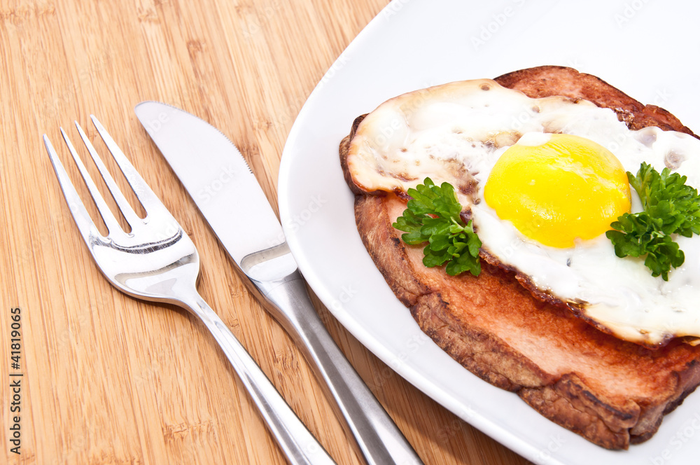 Meat loaf with fried egg on a plate Meat loaf with fried egg on a plate