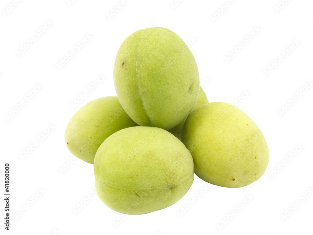 Group of fresh green plum on white background