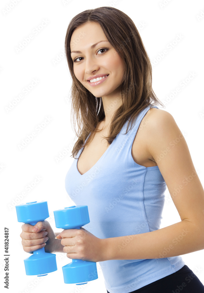 Young woman exercising with dumbbells, isolated Young woman exercising with dumbbells, isolated
