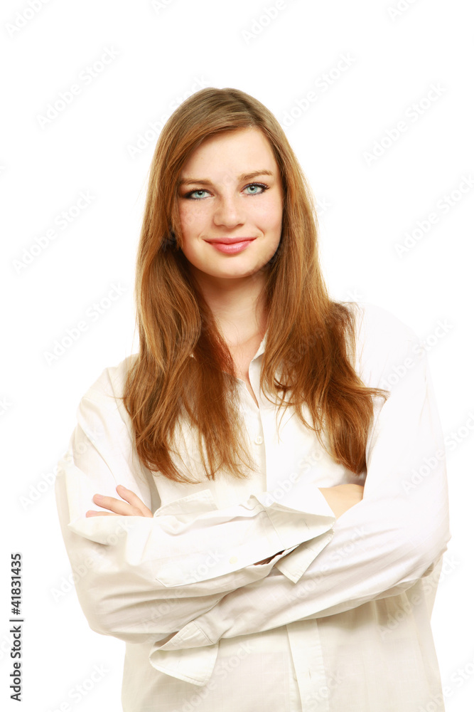 A beautiful woman in a white shirt, isolated on white A beautiful woman in a white shirt, isolated on white