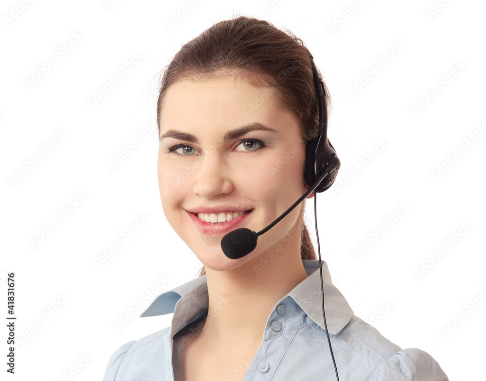 A call center employee with a headset, isolated on wbite A call center employee with a headset, isolated on wbite