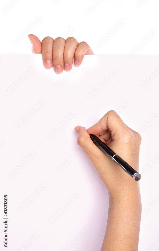 Hands with pen over paper isolated on white background