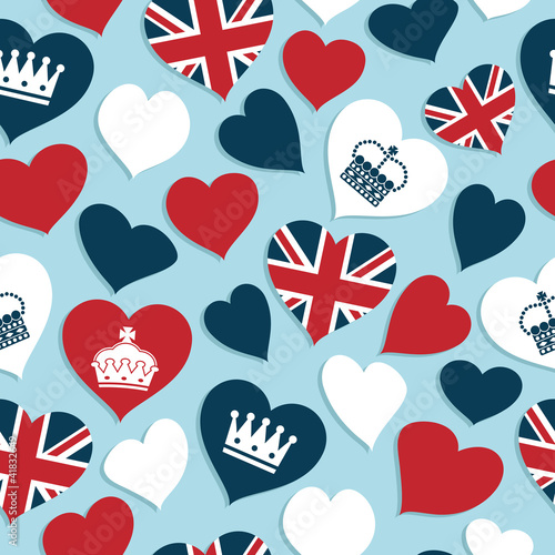 United Kingdom red white blue hearts pattern with crowns vector seamless pattern on light blue
