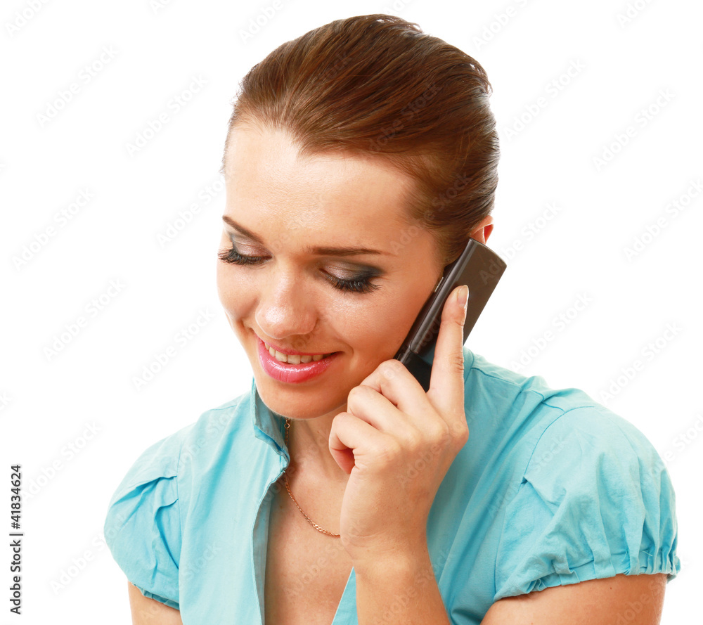 Smiling woman on phone isolated on white background Smiling woman on phone isolated on white background