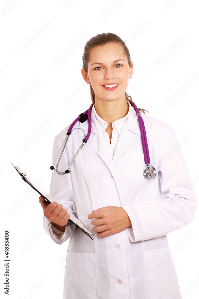 Smiling young doctor in white coat standing Smiling young doctor in white coat standing