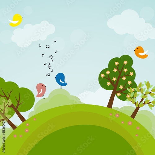 Cartoon earth with trees and birds