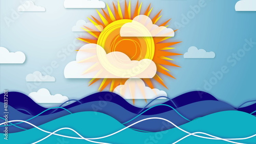 Animation of sky with rotating sun,  moving clouds & waves..