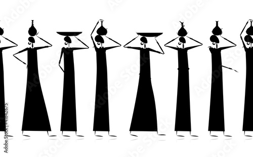 Ethnic women with jugs, seamless background for your design