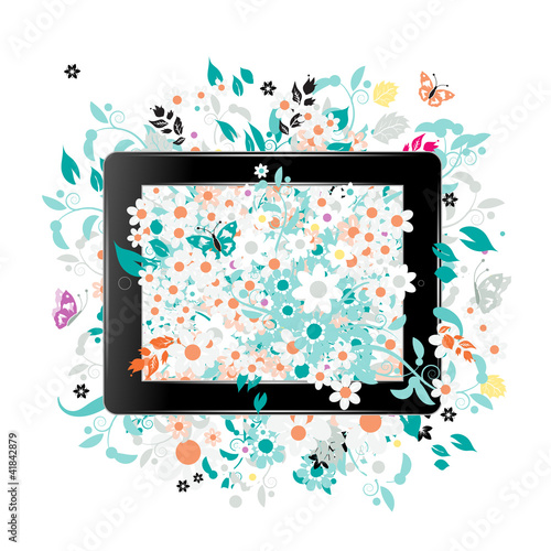 Black abstract tablet pc with floral decoration for your design