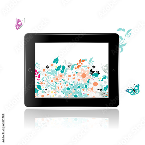 Black abstract tablet pc with floral decoration for your design