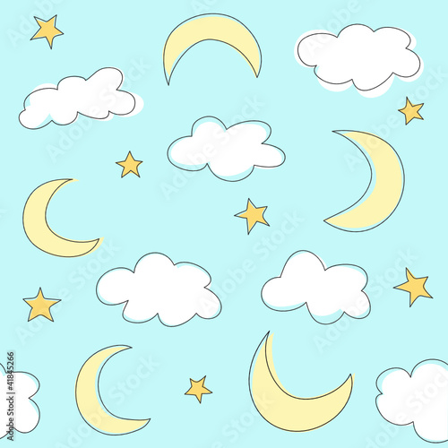 blue background with clouds, the new moon and the stars